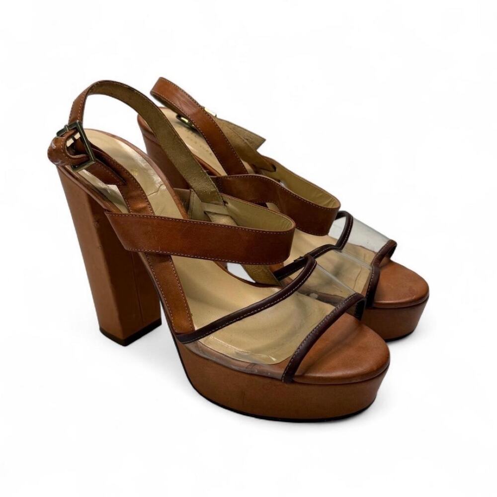 Kate Spade Brown leather block high heel sandals plastic leather straps size 7